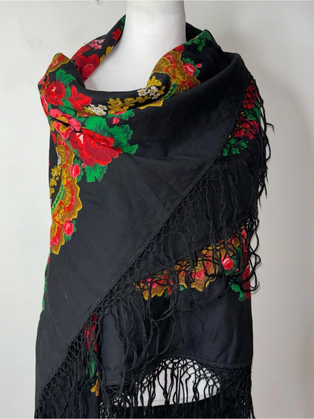 Vintage Russian Wool Floral Shawl Black Floral 52